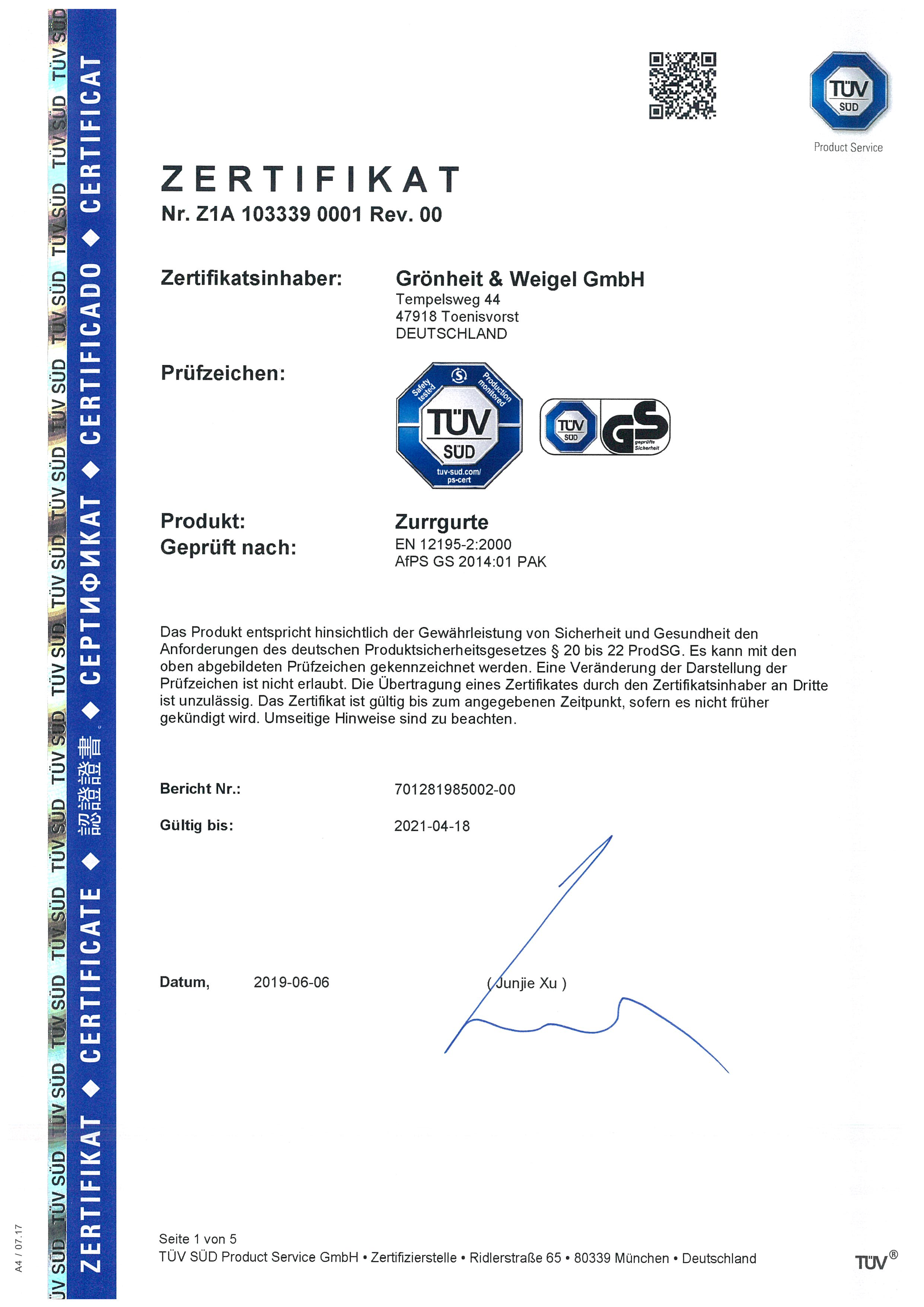TÜV Zertifikat Zurrgurte